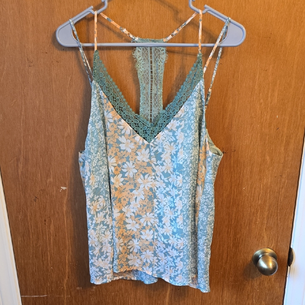 Miss Me Green Floral Lace-Trim Cami Tank